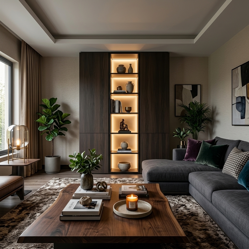 Elite Custom Woodwork — illuminated shelving unit in modern living room