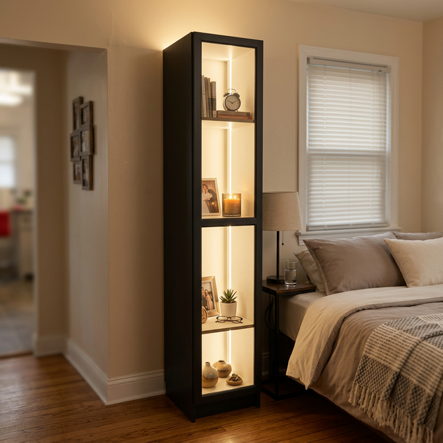 Illuminated shelving in bedroom