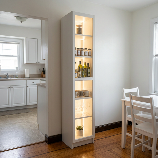 Illuminated shelving in kitchen