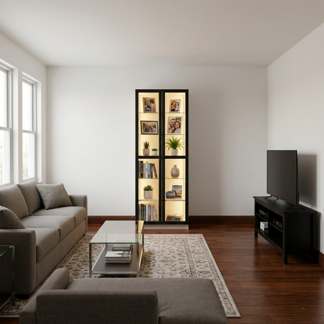 Illuminated shelving in living room